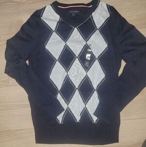 Tommy Hilfiger Men’s Navy Argyle V-Neck Sweater - Medium